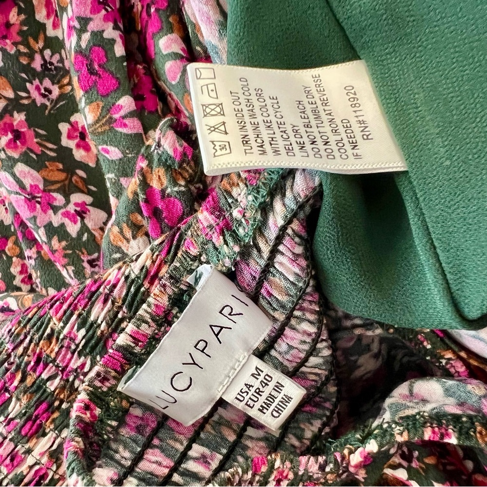 Lucy Paris Evelyn Floral Dress Green Floral Smocked Puff Sleeve M Cinched Waist - Picture 7 of 8